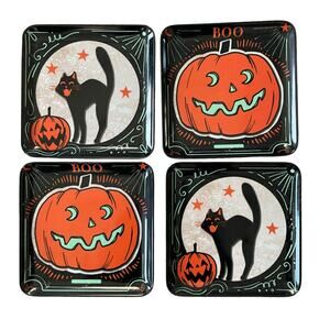 Spooky Night Halloween Melamine Appetizer Plates 5.75in Set Of 4 Black & Orange